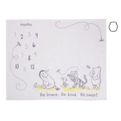 Disney Classic Winnie The Pooh, White, Grey And Lime Super Soft Milestone Baby Blanket