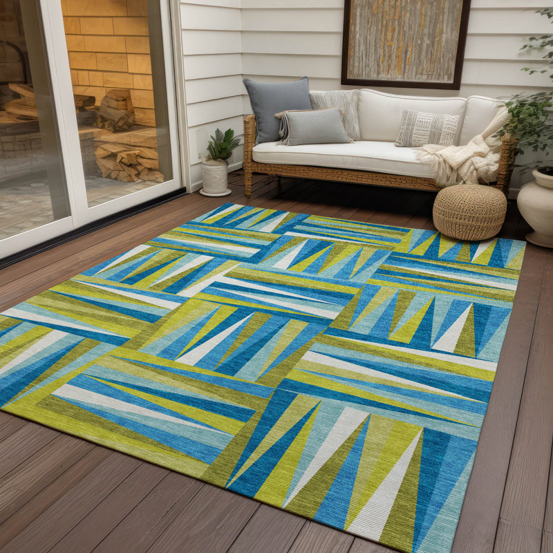 Teal and Green Geometric Washable Indoor/Outdoor Rug