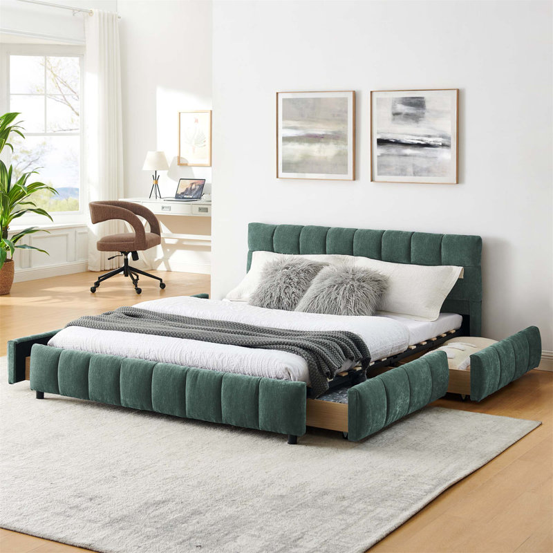 Lit tapissier en chenille avec tiroirs de rangement, tête de lit confortable et structure solide pour les chambres à coucher modernes