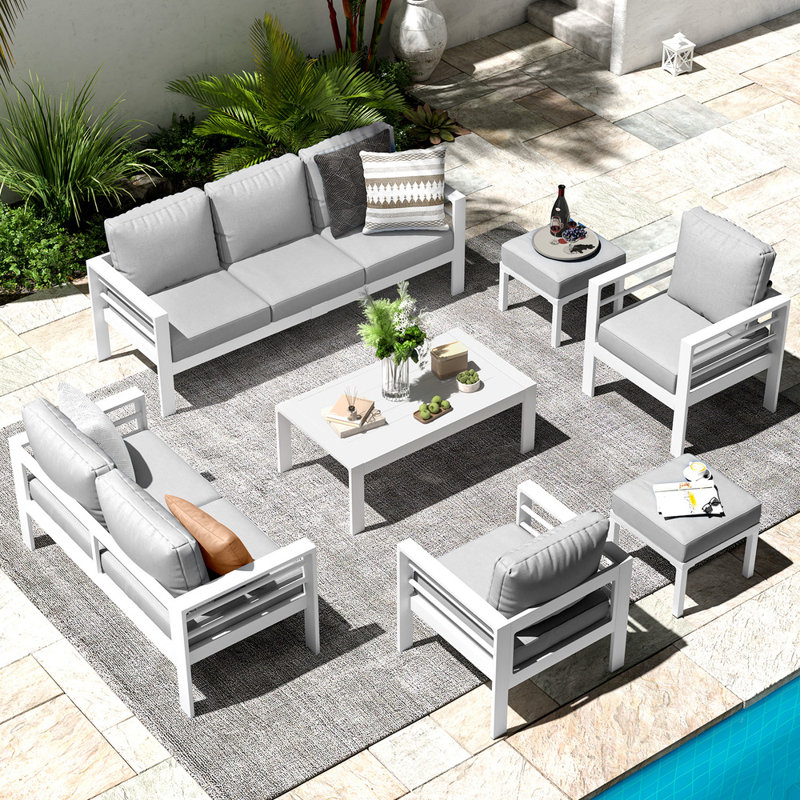 Charlsa 9 - Person Patio Conversation Set with Cushions, Light Gray Cushion/White Frame