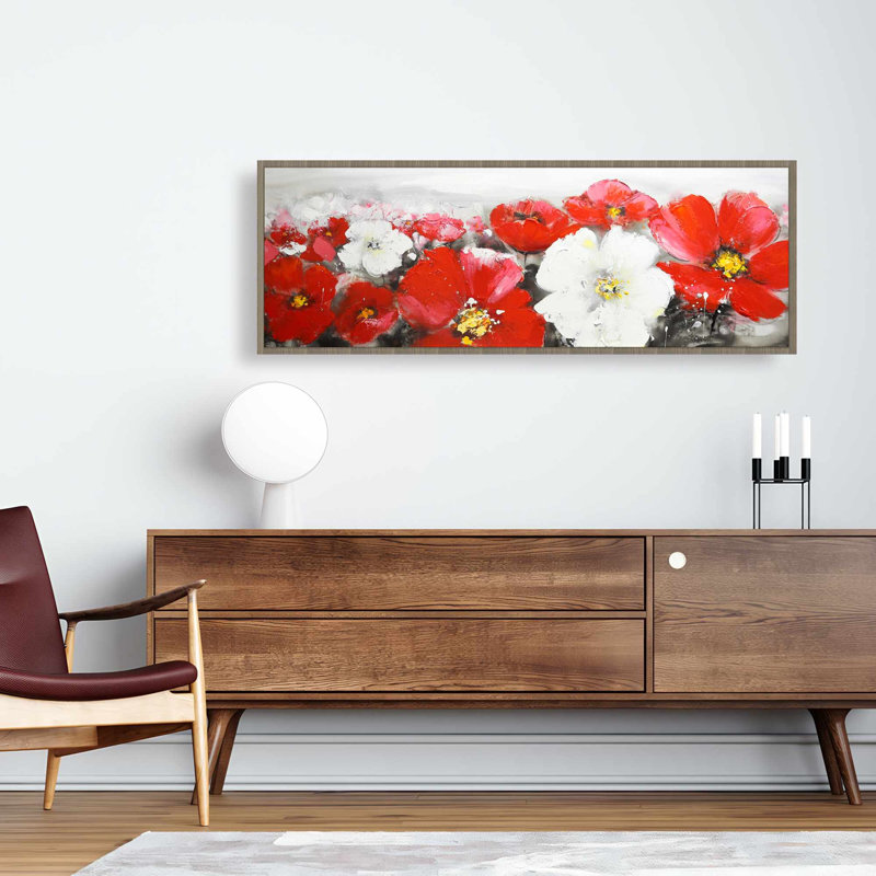 Toile encadrée blanche contemporaine | Champ de fleurs rouges et blanches, H 17,25 po x l 49,25 po