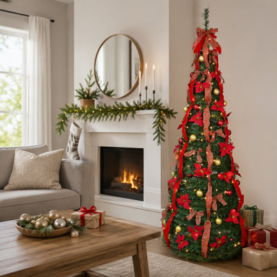 7FT Lighted Pop Up Christmas Tree, Quick Setup Artificial Tree, Red & Green Satin Bows, Large Red Flowers for Indoor Holiday Decor