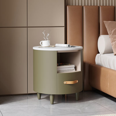 Table de chevet ronde contemporaine et moderne avec tiroir de rangement, table de bout de canapé avec tablette de rangement ouverte, table de chevet au design incurvé pour le salon et la chambre à coucher, assemblage facile, vert
