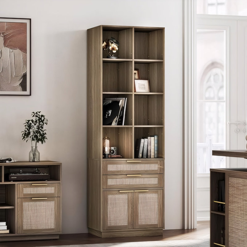 Bibliothèque haute H 73 po x l 23,6 po avec 2 tiroirs et armoire de rangement, Brun