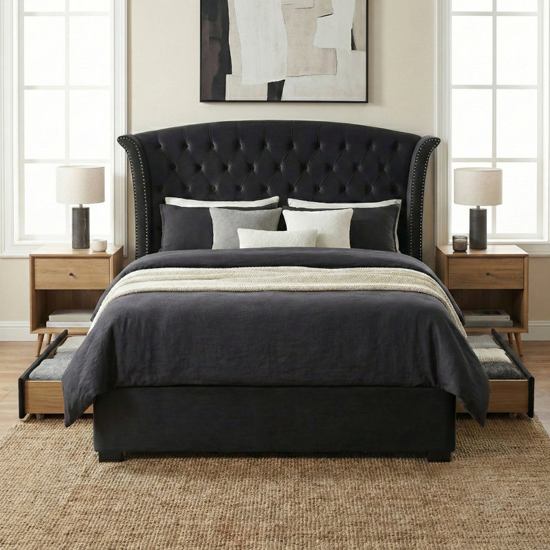 Button Tufted Wingback Velvet Upholstered Platform Bed with Storage Drawers, Full, Black Velvet, Full, Black