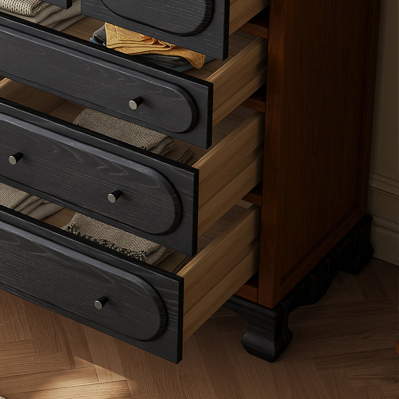 Simple Retro Brown Solid Wood Twelve-Drawer Chest, Brown/Black