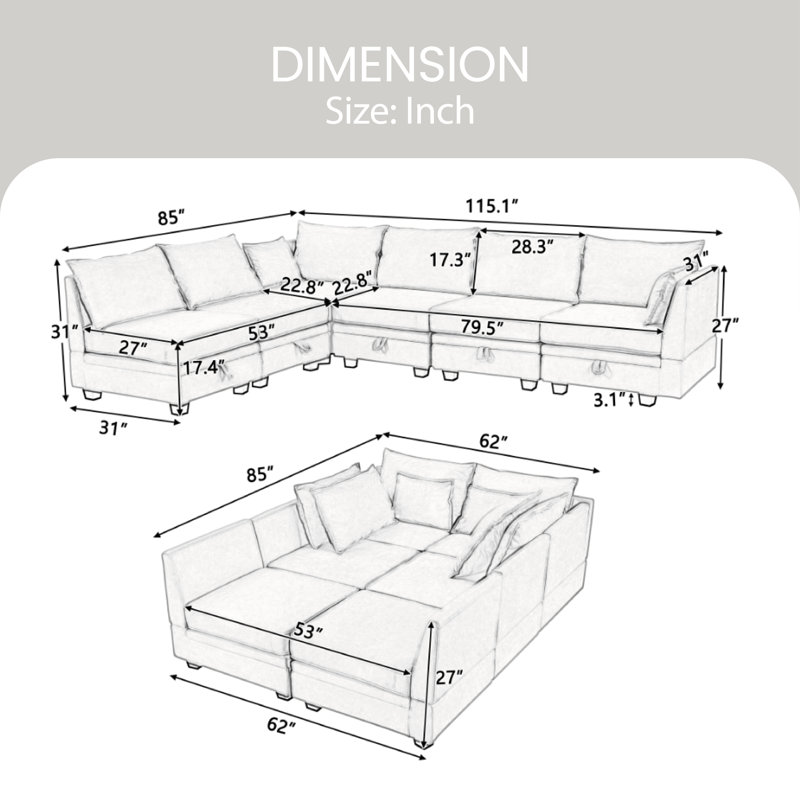 Canapé modulaire à méridienne rembourré Cossio, 100 % lin beige