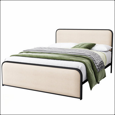 Structure de lit moderne en métal avec tête et pied de lit rembourrés courbés, rangement sous le lit pour plus d'espace