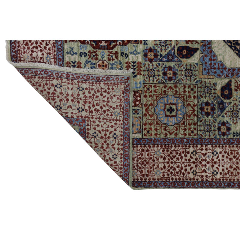 Tapis vert mer et beige noué à la main, Rectangle 4 pi 11 po x 7 pi