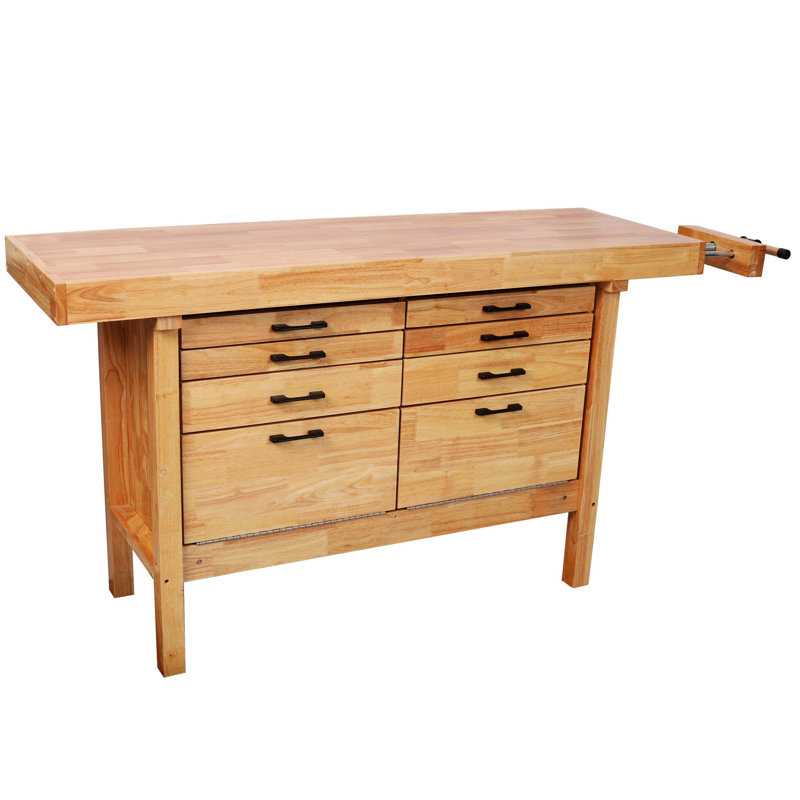 Établi en bois d'hévéa massif 62 1/2 po avec 8 tiroirs et étau intégré pour le travail du bois en atelier