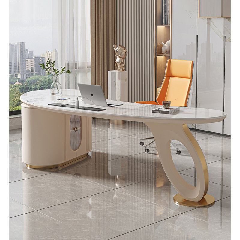 Bureau clair et luxueux en pierre frittée, H 29,53 po x l 78,74 po x P 27,56 po