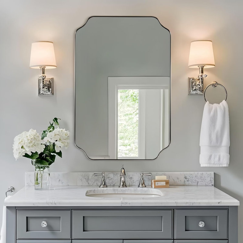 Miroir de salle de bain Modern Cadre en acier inoxydable, Nickel brossé, 38 po x 26 po