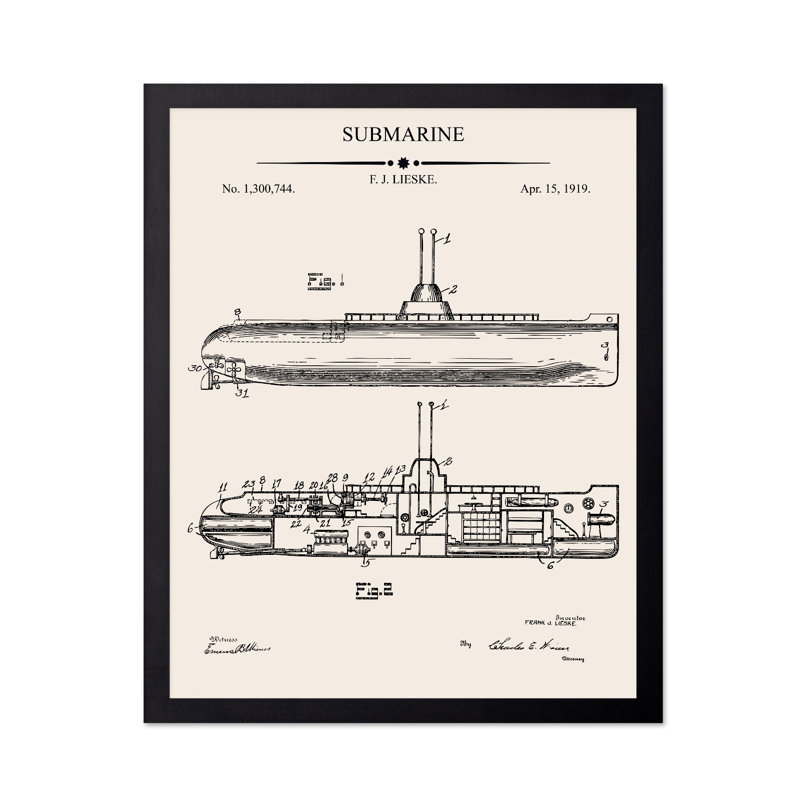 Plan de sous-marin, 24"H x 32"W, Poster, Black Framed