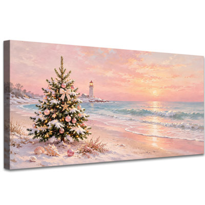 Tableau sur toile représentant un sapin de Noël côtier, des images de Noël sur une plage enneigée, un paysage d'hiver, des impressions pastel de coucher de soleil, une décoration rustique pour les fêtes de fin d'année en bord de mer, idéale pour le salon, la chambre ou le foyer, 71 x 147 cm