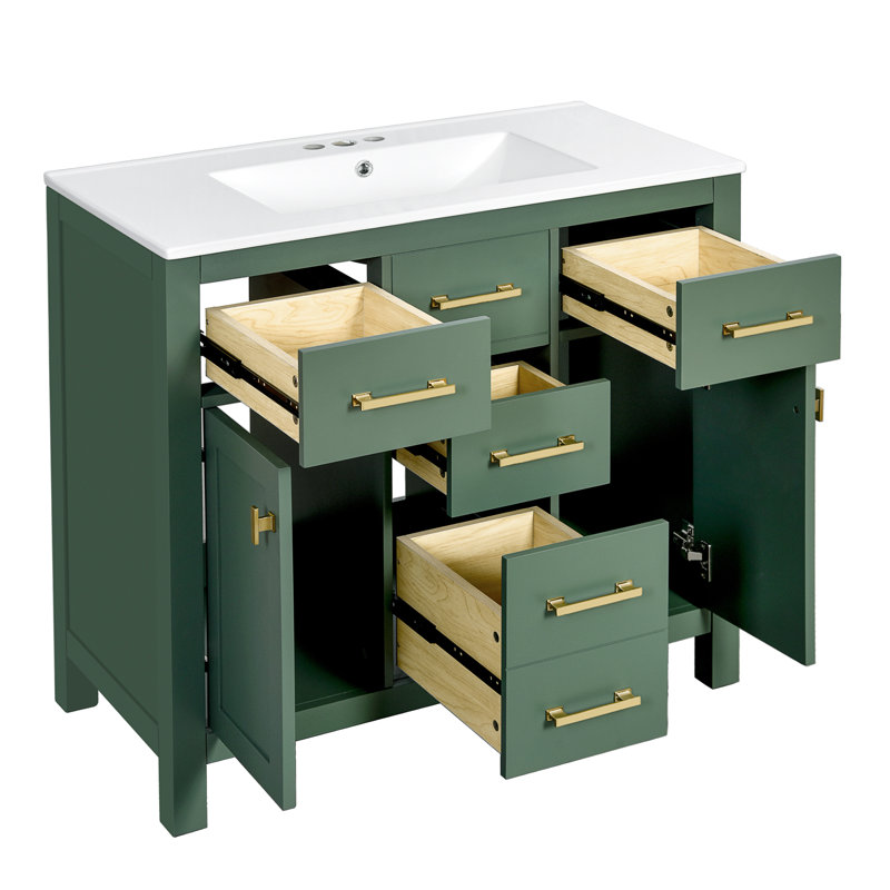 Ensemble de meuble-lavabo sur pied moderne 36 po avec lavabo en céramique, 4 tiroirs et 2 armoires