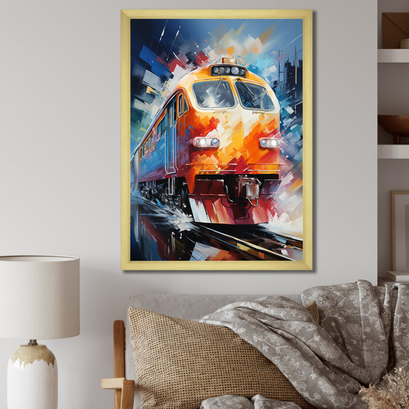 Abstrait train vibrant mouvement III - art mural moderne sur toile, Encadrement doré, H 32 po x l 24 po x P 1 po
