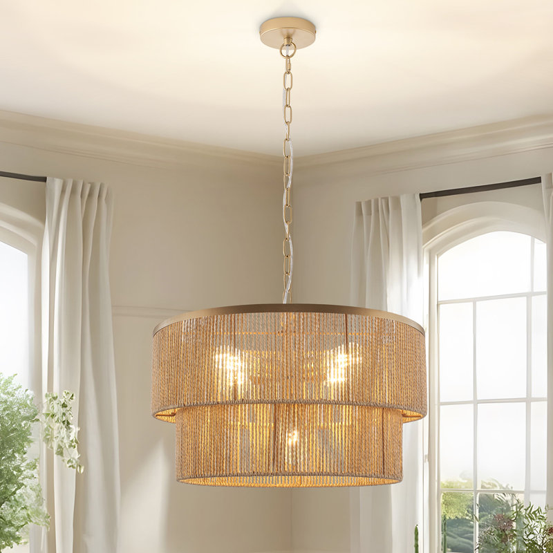 Luminaire suspendu tambour en rotin 5 niveaux, Naturel