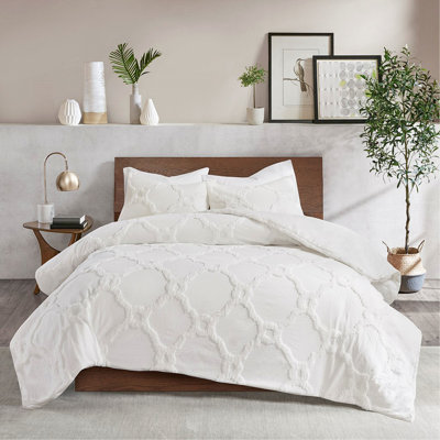 3 Piece Tufted Cotton Chenille Geometric Comforter Set Off-White