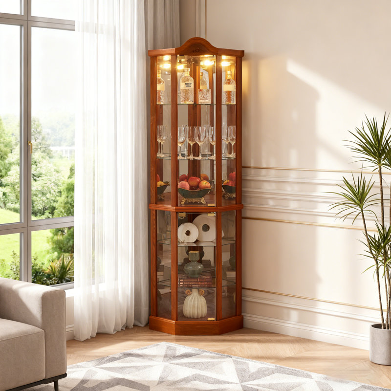 Rolip  Corner Lighted Curio Cabinet with Adjustable Shelves, Brown
