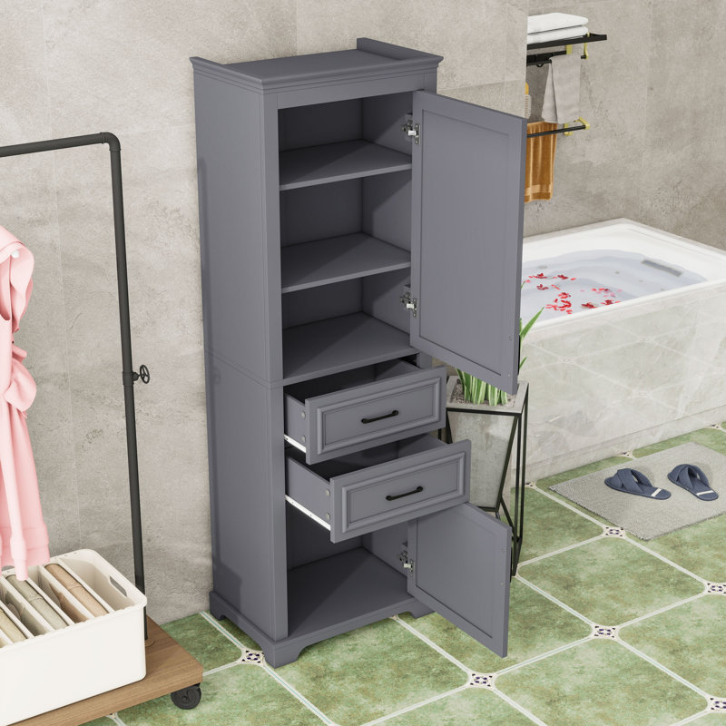 Armoire de rangement pour salle de bain avec tablettes réglables, portes à fermeture douce et 2 tiroirs, Charcoal Grey