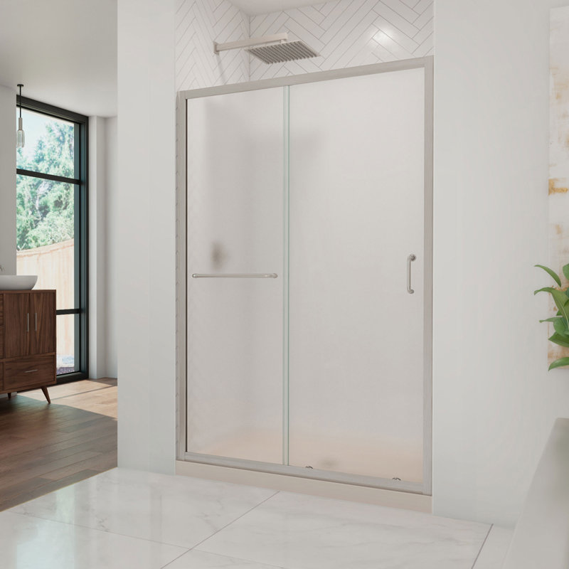 Infinity-Z 48" W x 74.75" H Semi-frameless Rectangle Sliding Shower Kit with Towel Bar and Base Included, Biscuit