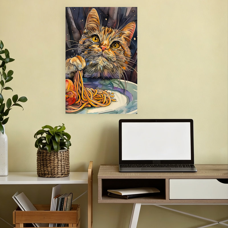 Art mural fantaisiste contemporain Cat's Spaghetti Dinner, H 18 po x l 12 po