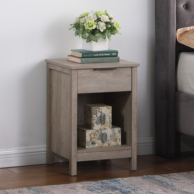 Table de chevet avec tiroir et tablette ouverte - de couleur gris rustique, assemblage, installation rapide, convient au rangement fonctionnel de la table d'appoint de la chambre à coucher, facile à assembler,