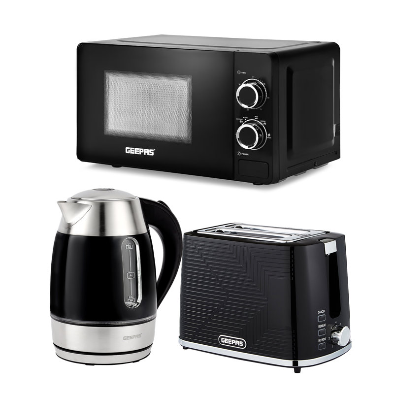 GEEPAS 3 Piece Kitchen Appliance Set – 1.7L Electric Kettle with LED Light, 2 Slice Toaster with 7 Browning Levels (900W) & 20L Microwave Oven, 700W Countertop Microwave, Black Kitchen Breakfast Set