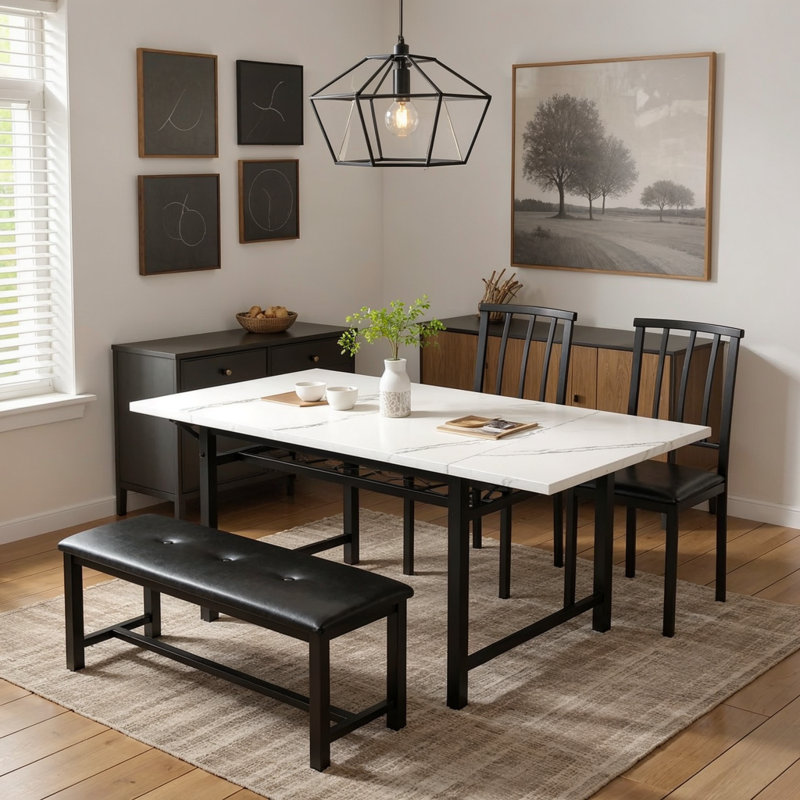 4-Piece Drop Leaf Dining Table Set For 3-6, 59" Extendable Kitchen Table Set With 1 Upholstered Bench & 2 Backrest Chairs, Modern Breakfast Dinette Table Set With Drop Leaf For Small Space