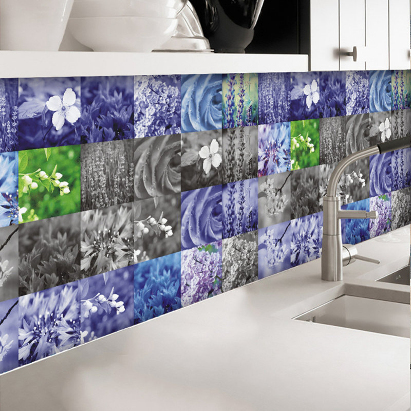 24 Sheet Peel and Stick Tile Waterproof Backsplash for Kitchen Flower Tile Stickers Self-Adhesive Floor Tile PVC Wall Tile DIY Tile Decals;Purple Flower