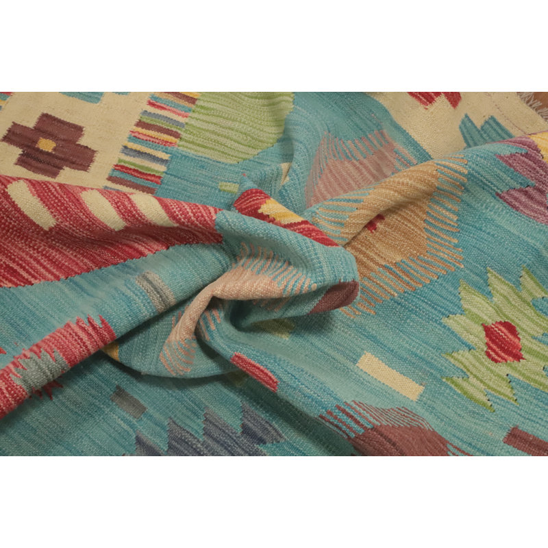 Tapis bleu clair Kilim à motif géométrique 8 x 10
