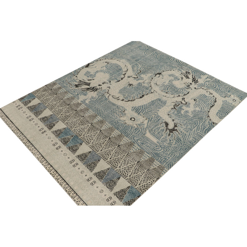 Distressed Dragon Rug In Blue, Gray & Black Pictorials By Rug & Kilim, Rectangle 13' x 19'