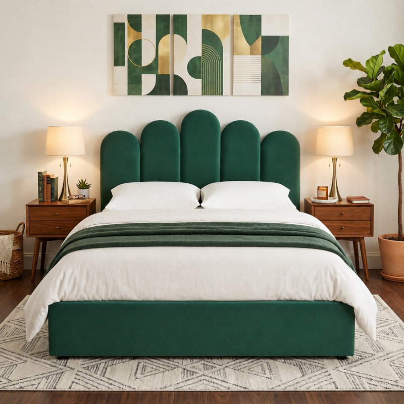 Modern Palm-Shaped Upholstered Bed with Lift Up Storage, Queen, Green Velvet, Queen, Green
