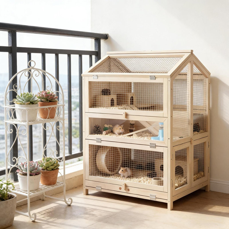 Cage moderne à 3 niveaux pour petits animaux, bois et acier, peu encombrante
