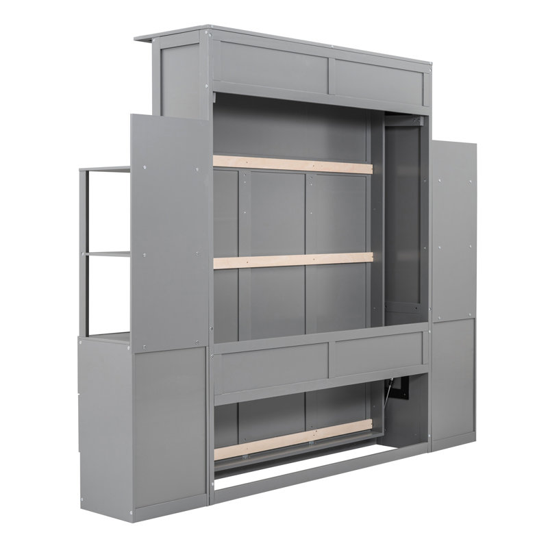 Grand lit en gris - Économiseur d'espace élégant avec tablettes et tiroirs, Grand lit, Gris