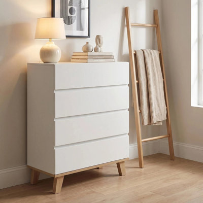 4 Drawer White Dresser, Handle-Free Modern Storage Chest with Solid Natural Wood Legs, Minimalist Drawer Cabinet for Bedroom Living Room, Simple to In