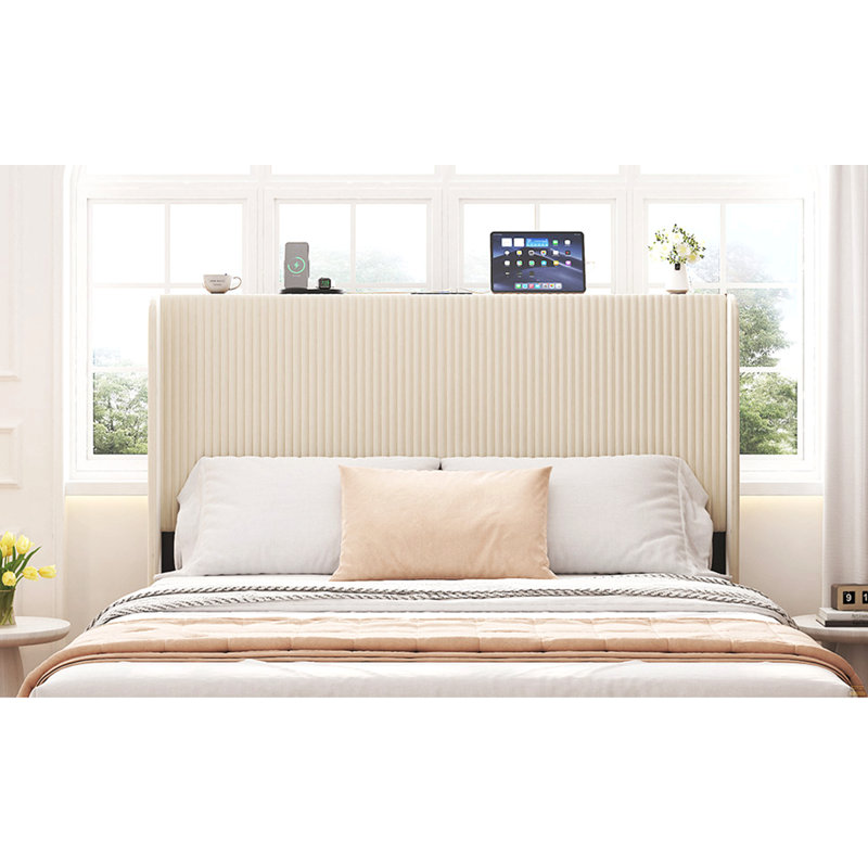 King Size Platform Bed , Metal Bed Frame With Charging Station, No Box Spring Needed, King