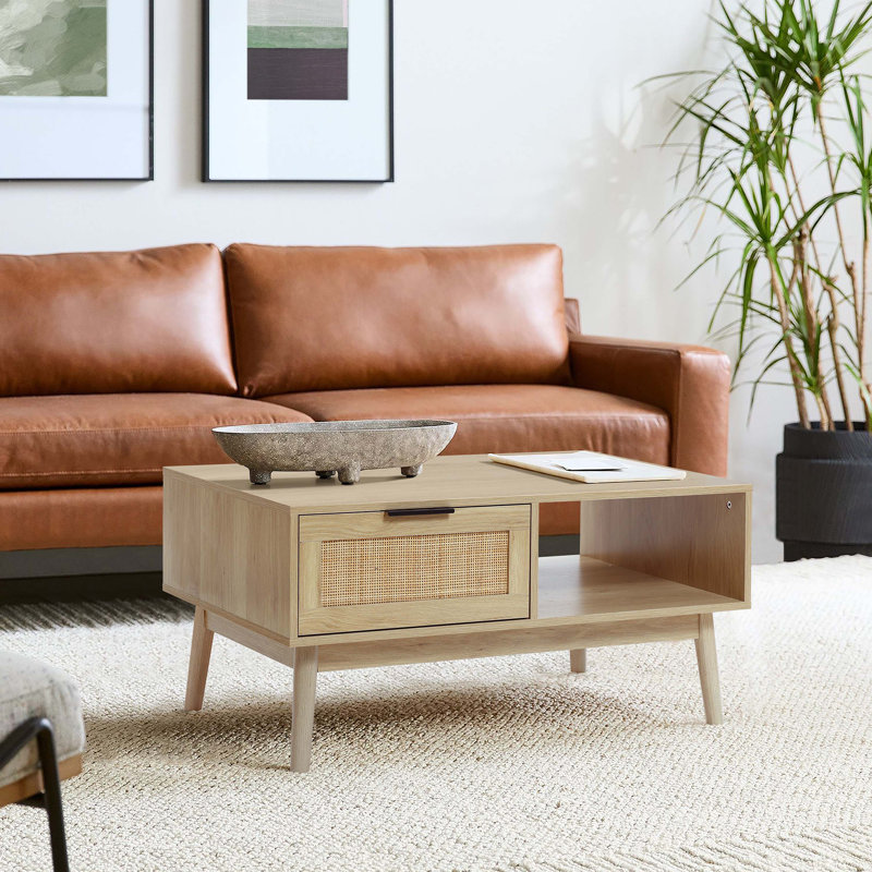 White Oak Finish Rectangular Wood Coffee Table with Storage