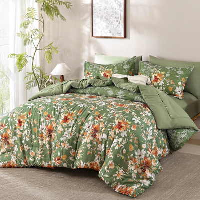 7-Piece Botanical Floral Comforter Set, Farmhouse All-Season Bedding with Sheets, Pillowcases and Shams