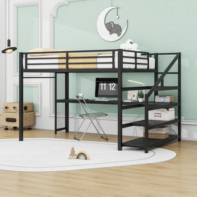 Grand lit mezzanine en métal avec escalier, bureau, lumières DEL et ports USB