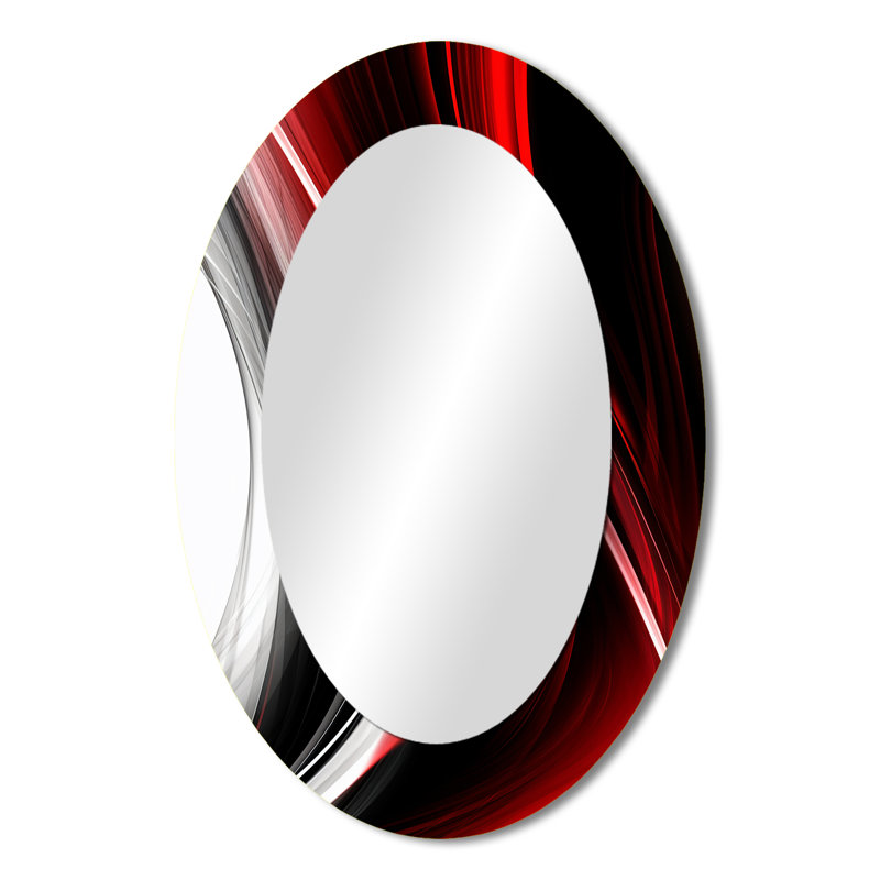 Red Black Infinite Ripples II - Abstract Oval Decorative Mirror On Metal, 36" x 24"