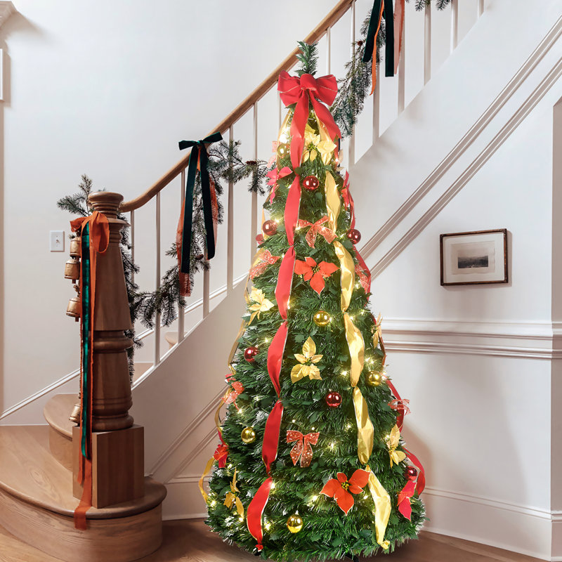 Arbre de Noël escamotable de 6 pi avec 150 lumières blanches chaudes et 66 accessoires festifs, décor rapide pour les maisons compactes décorant de petits dortoirs