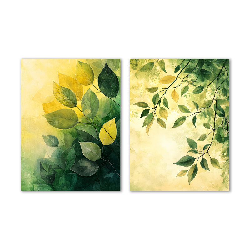 Feuilles d'été vertes et jaunes, collage de feuillage I - ensemble de 2 reproductions d'art mural en métal botanique