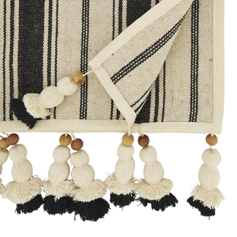 Black and Natural Cotton Table Runner with Wood Bead Tassels