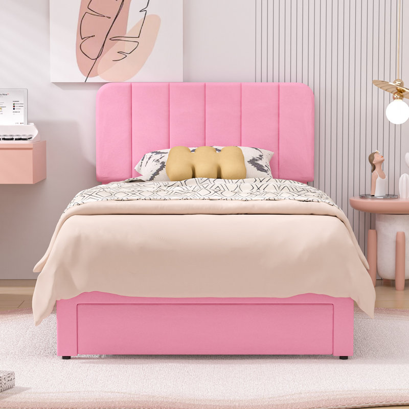 Huntsville 4-Drawer Velvet Upholstered Platform Bed, Pink, Twin