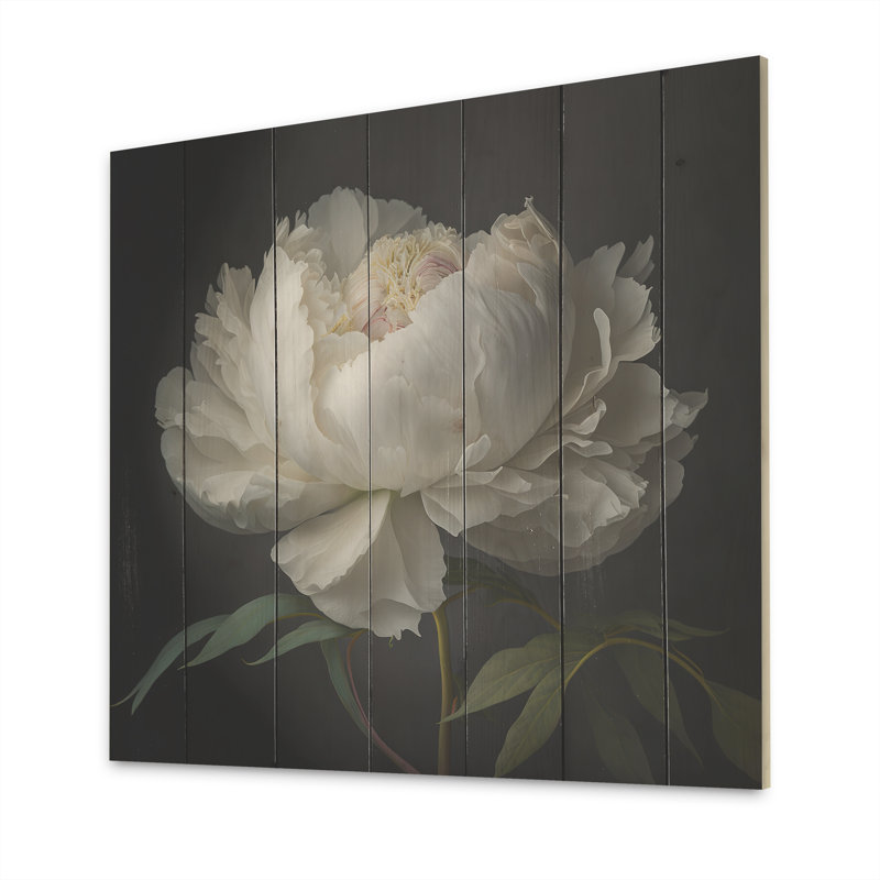 Blooming White Peony VI - Art mural pivoine, H 16 po x l 16 po, Bois, Wooden Planks