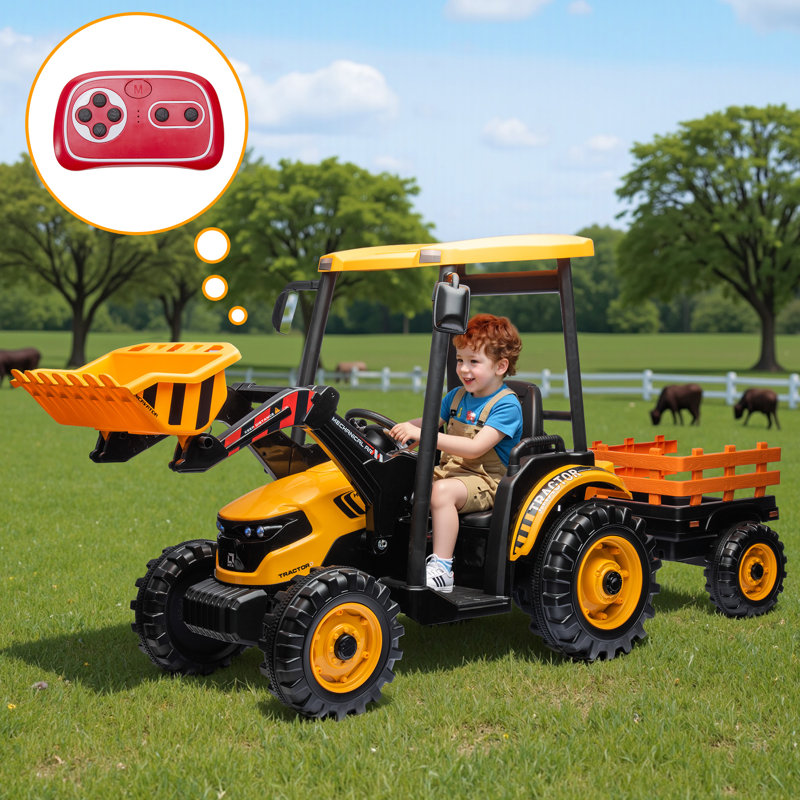 24V Ride on Tractor for Kids with Trailer & Front Loader, 3-in-1 Electric Construction Vehicle, Dual Motors, All-Terrain Wheels, MP3/USB/Bluetooth, LED Lights, Outdoor Gift for Ages 3-8 (Yellow)