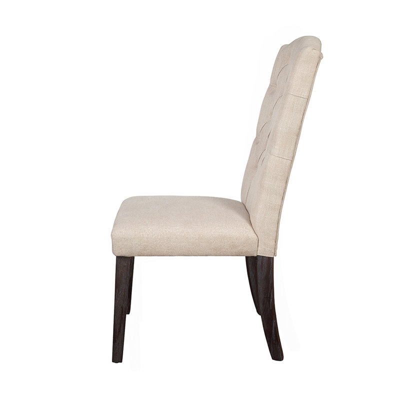Ensemble de 2 chaises de salle à manger rembourrées en lin avec dossier capitonné, beige et espresso vieilli