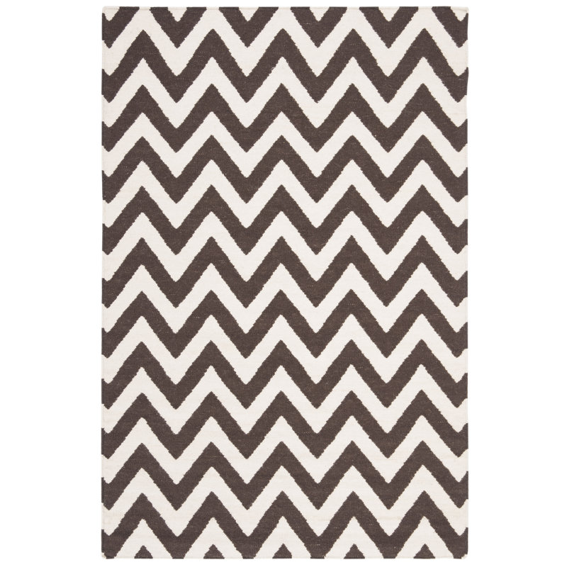 Rodgers Hand Woven Flat Weave Wool/Cotton Chevron Rug in Brown/Ivory, Rectangle 5' x 8'
