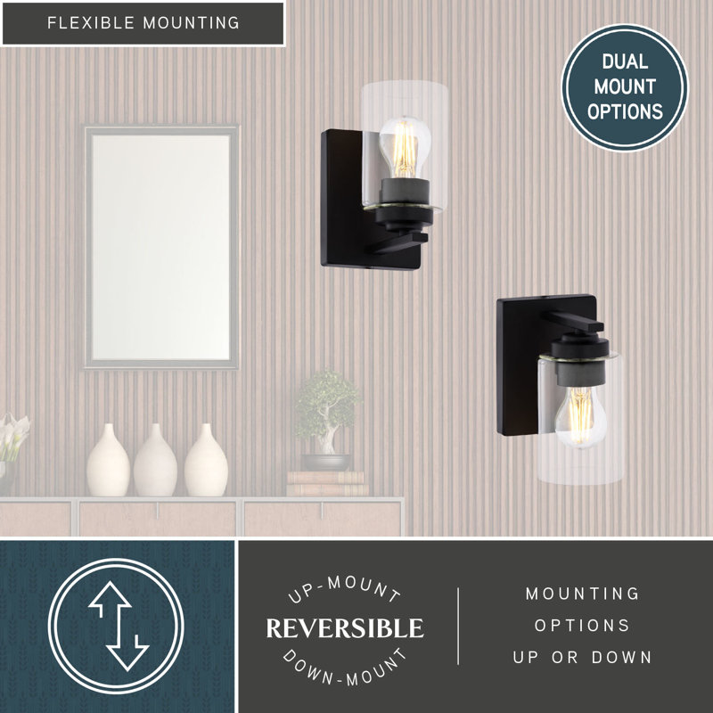 Hitchin Transitional Bathroom Vanity Lighting Fixture, Clear Glass Cylinder Shade, Dimmable, LED Compatible, Reversible Over The Mirror Mounted Steel Wall Sconce